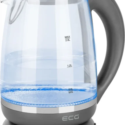 Cana electrica fierbator din sticla ECG RK 2020 gri, 2 L, 2200 W, lumina albastra de fundal