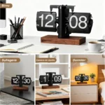 Ceas de birou retro flip automat, design vintage, baza din lemn de nuc, silentios, afisaj mare, decor elegant pentru casa si birou - imagine 7