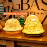 Suport lumanare din portelan, proiectie luminoasa 3D cu frunze de artar, decor elegant - imagine 2