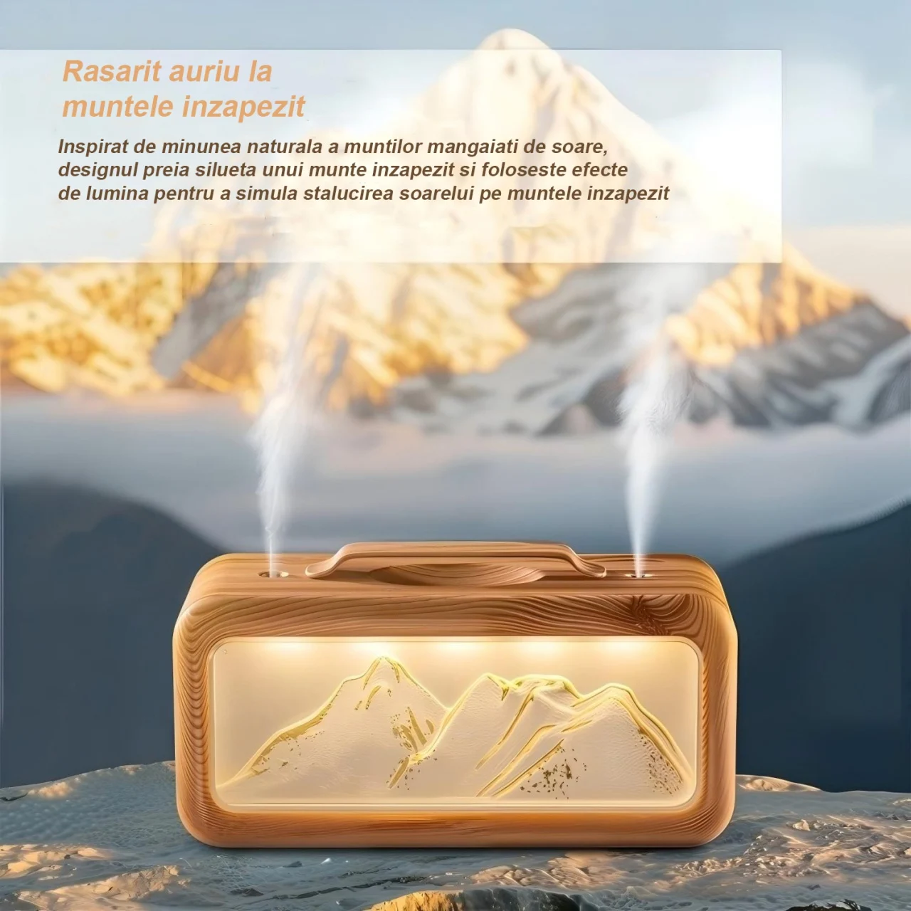 umidificator-de-aer-si-difuzor-de-aroma-design-snow-mountain-600ml6817697 Umidificator de aer si difuzor de aroma, design Snow Mountain, 600ml, dubla pulverizare, iluminare ambientala LED, silentios, design lemn natur - imagine 1